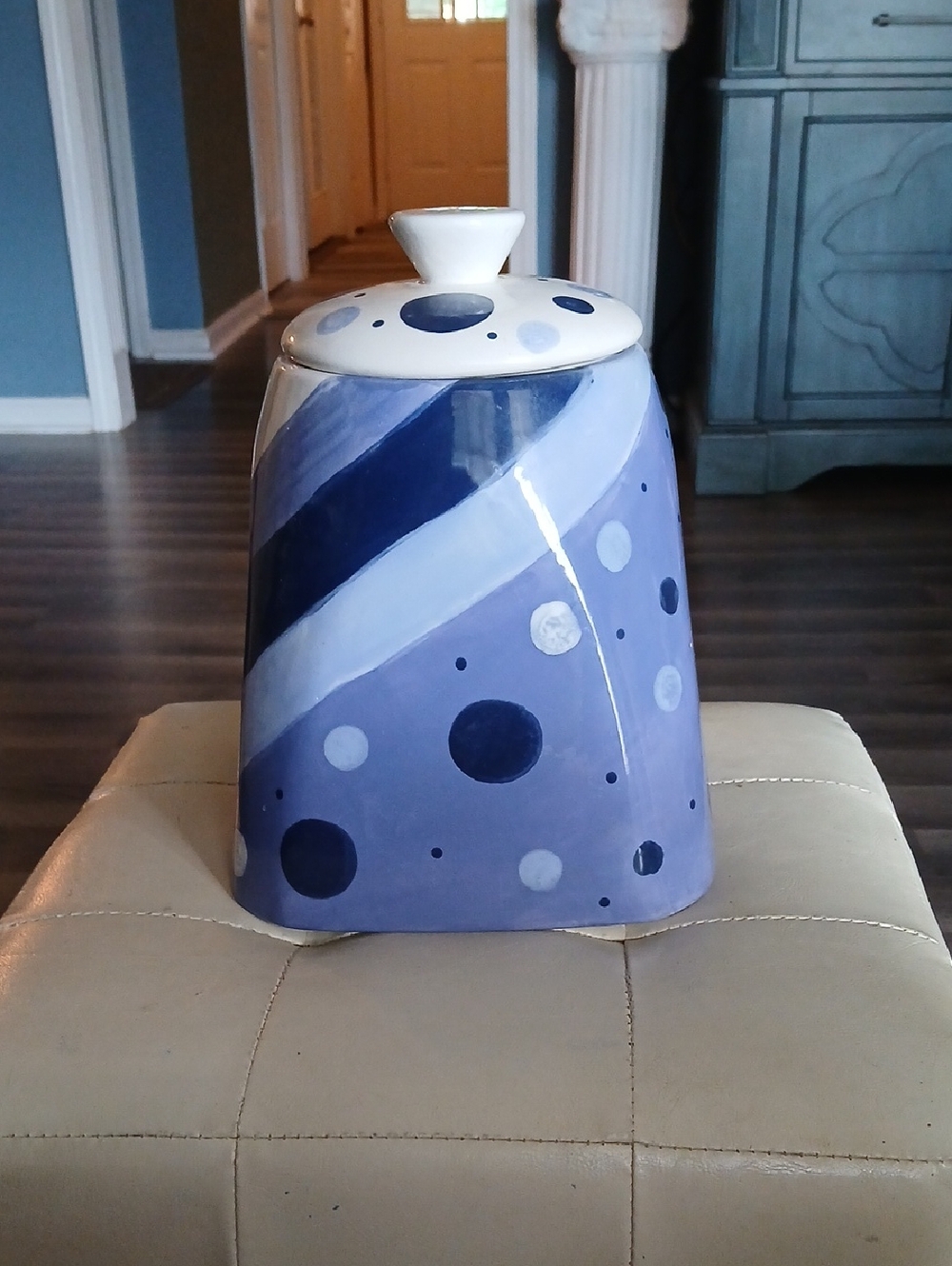 Ceramic Food Storage Canister - Lavender Dot & Stripe. 11 Inches Tall